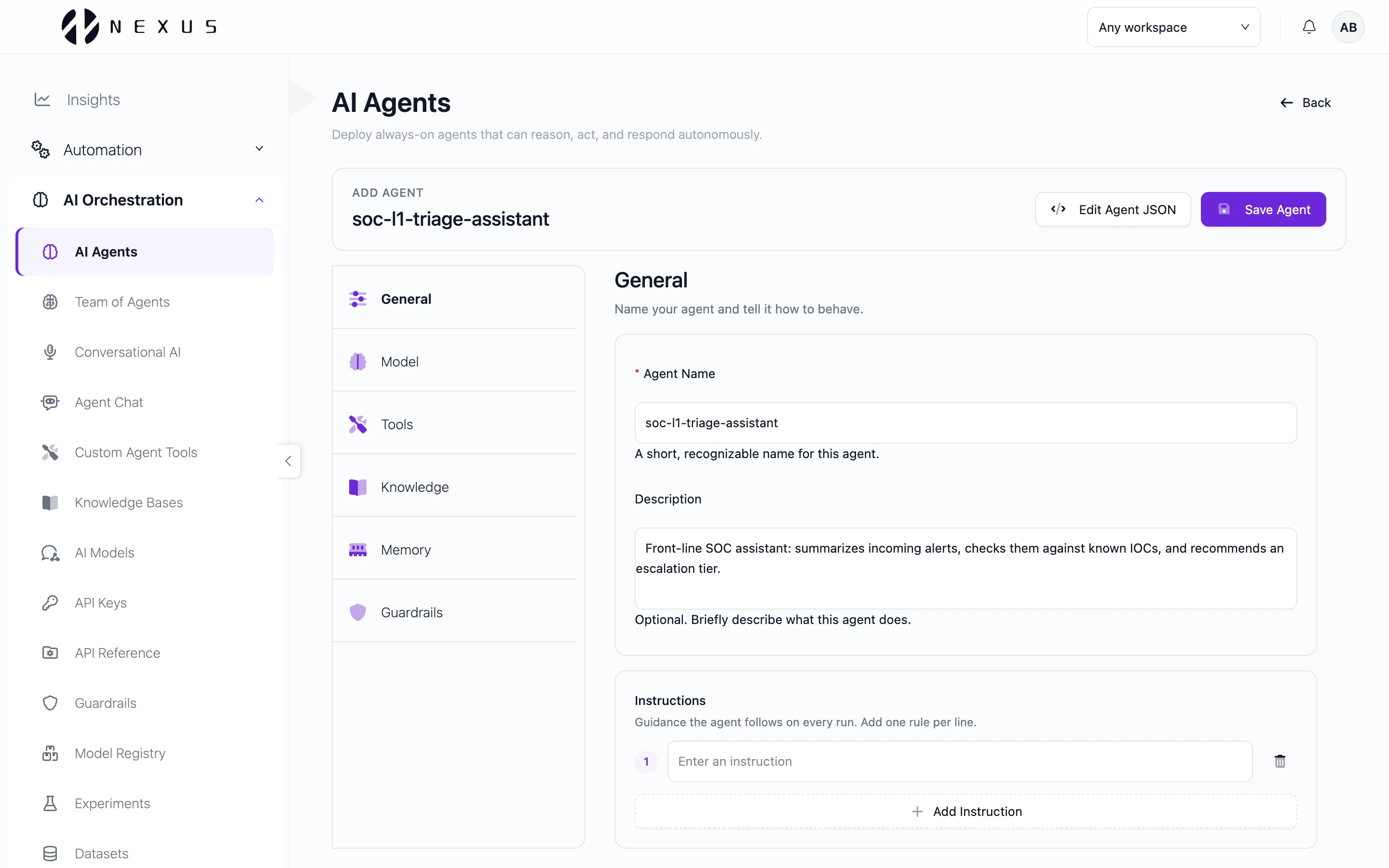 Nexus AI agent configuration showing the selected self-hosted model, instructions and connected knowledge sources