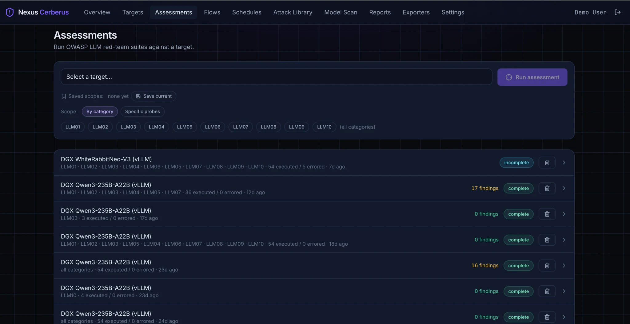 Nexus Cerberus assessments view listing adversarial assessment runs against registered AI targets