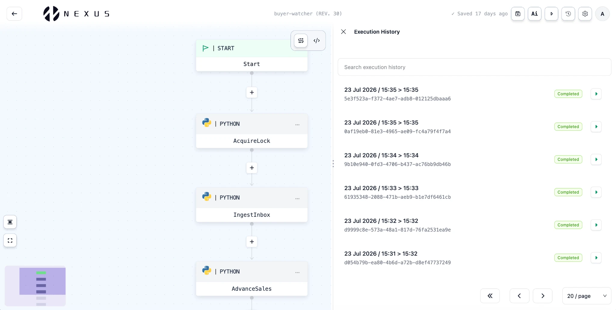 Nexus execution history showing workflow runs with execution status, timestamps and run identifiers