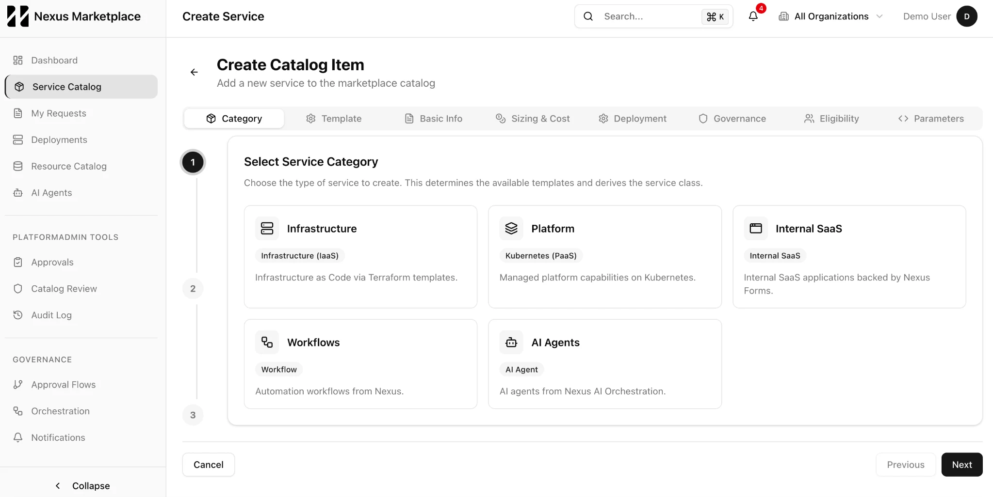Nexus Foundry catalog item creation form covering service type, cost, deployment, governance, eligibility and parameters