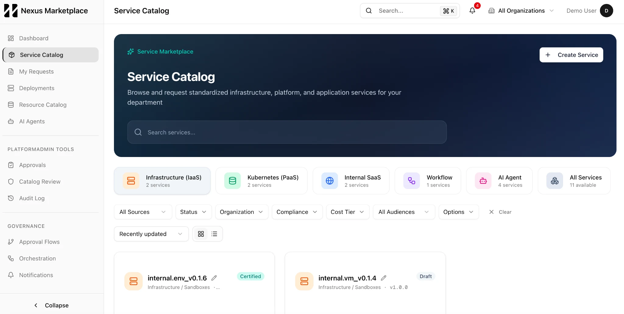 Nexus Foundry service catalog showing published infrastructure, platform, workflow and AI agent services