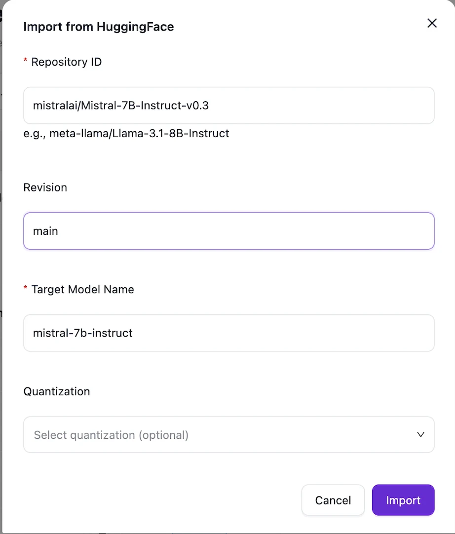 Nexus model import screen for adding an approved open model to the model registry