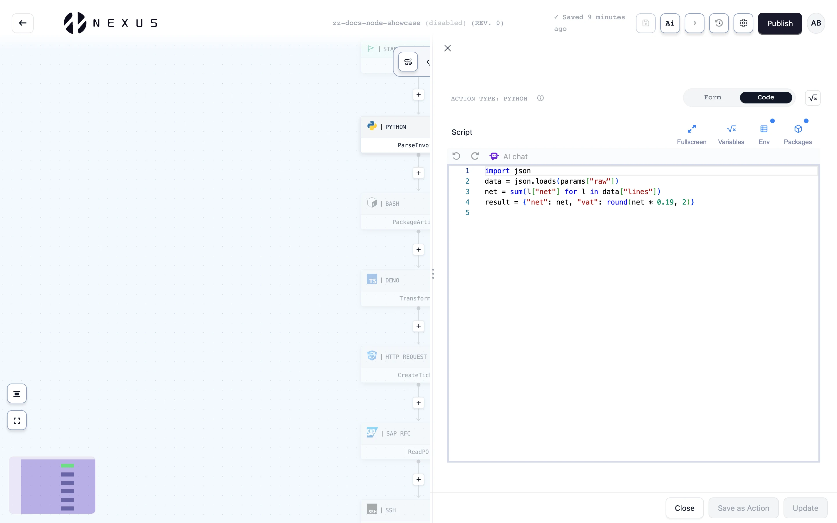 Nexus code node editor showing a script, its inputs and its returned output inside a workflow