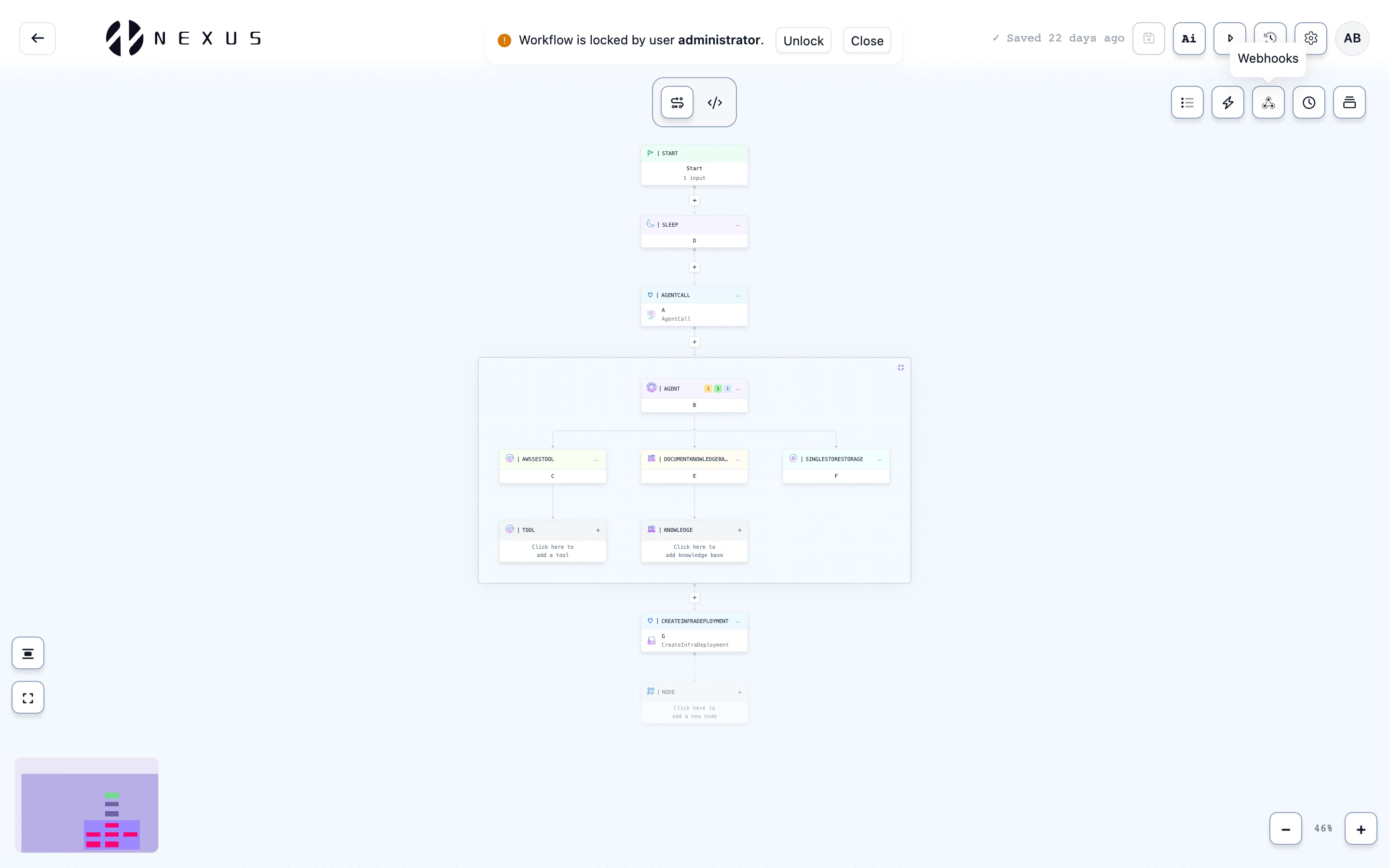 Nexus workflow designer showing a governed operation across integrations, logic and approval