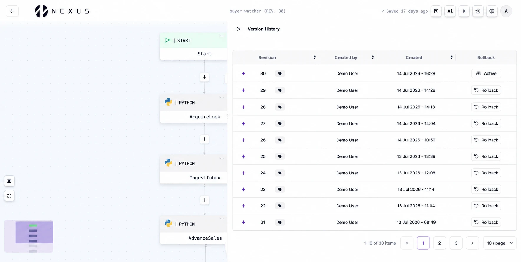 Nexus workflow version history listing revisions with authors, timestamps and rollback options